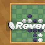 Ett rutigt spelbräde med vita och svarta brickor samt texten Reversi över brädet
