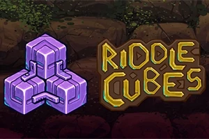 Lila kuber i ett geometriskt mönster bredvid texten Riddle Cubes i ett grönt och brunt teckensnitt