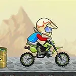 En tecknad motorcykelförare i hjälm åker på en grön motorcykel bredvid en tunna med radioaktiv symbol, med bakgrund av berg