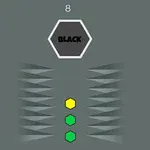 En hexagon med texten BLACK och tre mindre färgade hexagoner omgivna av triangulära former på en grå bakgrund