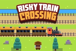 Tecknad scen med en ånglokomotiv som kör på järnväg, en person och träd i förgrunden med texten Risky Train Crossing ovanför