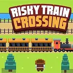 Tecknad scen med en ånglokomotiv som kör på järnväg, en person och träd i förgrunden med texten Risky Train Crossing ovanför