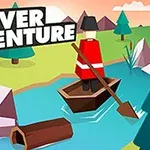 En animerad figur i röd jacka paddlar i en liten träbåt på en flod omgiven av geometriska träd och stenar under en orangehimmel