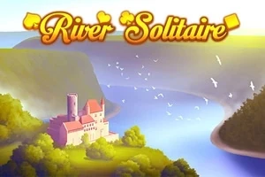Föreställningen visar ett slott vid en flodkrök omgiven av grönska och flygande fåglar, med texten River Solitaire ovanför