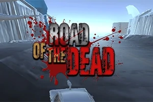 Texten ROAD OF THE DEAD syns i mitten av bilden över en landsväg med en bil och blodstänk, med staden i bakgrunden