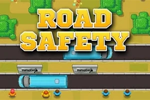 Texten Road Safety visas ovanför en väg med två blå bussar och människor vid sidan