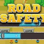 Texten Road Safety visas ovanför en väg med två blå bussar och människor vid sidan