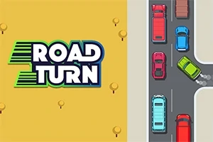 Flera färgglada bilar kör på en väg bredvid en gul bakgrund med texten Road Turn