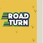 Flera färgglada bilar kör på en väg bredvid en gul bakgrund med texten Road Turn