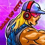 En muskulös, tecknad figur med långt blont hår, keps, hörlurar och solglasögon, klädd i blå väst, som spänner en arm mot en färgglad bakgrund med texten ROAR OF CITY