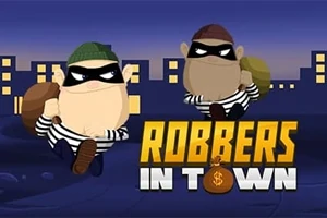 Två tecknade tjuvar med randiga tröjor och masker bär säckar framför en stadsbild med texten Robbers In Town