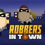 Två tecknade tjuvar med randiga tröjor och masker bär säckar framför en stadsbild med texten Robbers In Town