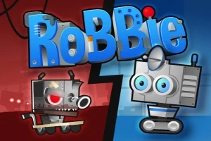 Två tecknade robotar, en svart med röda ögon till vänster och en grå med blå ögon till höger, med texten RoBBie ovanför dem mot en delad röd och blå bakgrund