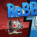 Två tecknade robotar, en svart med röda ögon till vänster och en grå med blå ögon till höger, med texten RoBBie ovanför dem mot en delad röd och blå bakgrund