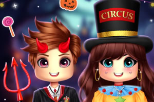 Två tecknade personer klädda i Halloween-kostymer, en som en djävul och en som en cirkusartist, med festdekorationer i bakgrunden