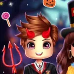 Två tecknade personer klädda i Halloween-kostymer, en som en djävul och en som en cirkusartist, med festdekorationer i bakgrunden