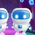 Två tecknade robotar med blå skärmar står framför en neonupplyst stad med svävande blå kuber