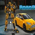 Gul robot och gul bil står bredvid varandra i ett garage med texten RoboRacing ovanför