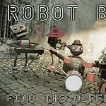 Robotar spelar instrument på en kullerstensgata