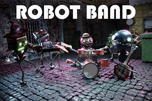 Robotar spelar musikinstrument på en stenlagd gata, med texten Robot Band ovanför dem