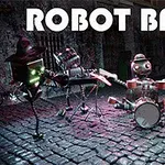 Robotar spelar musikinstrument på en stenlagd gata, med texten Robot Band ovanför dem