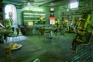 En futuristisk bar med gröna neonljus där robotar sitter vid borden i en rustik miljö