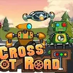 Tre färgglada robotar och en drönare står framför en skog med texten Cross Robot Road i förgrunden