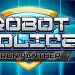 Texten Robot Police Iron Panther med en bakgrund av blå ljusstavar och en sköld
