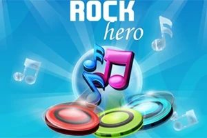 Färgglada noter och cirkulära symboler mot en blå bakgrund med texten ROCK hero ovanför