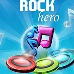 Färgglada noter och cirkulära symboler mot en blå bakgrund med texten ROCK hero ovanför