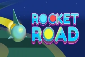 Färgglad rymdscen med texten Rocket Road och ett futuristiskt fordon på en bana