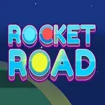 Färgglad rymdscen med texten Rocket Road och ett futuristiskt fordon på en bana