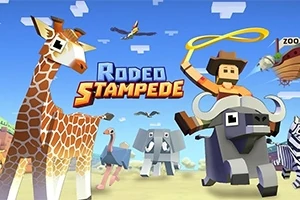 En pixlad cowboy rider en buffel, omgiven av kubiska djur som en giraff, struts, och elefanter, med en tecknad stil
