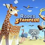 En pixlad cowboy rider en buffel, omgiven av kubiska djur som en giraff, struts, och elefanter, med en tecknad stil