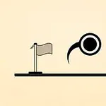 En enkel grafisk illustration av en flagga på en stång bredvid en svävande cirkel med en svans på en beige bakgrund