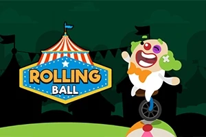 Tecknad clown som cyklar på en enhjuling ovanpå en färgglad boll bredvid en tält med skylten Rolling Ball