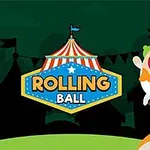 Tecknad clown som cyklar på en enhjuling ovanpå en färgglad boll bredvid en tält med skylten Rolling Ball