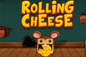 Mus och ost på trägolv med texten Rolling Cheese ovanför
