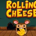 Mus och ost på trägolv med texten Rolling Cheese ovanför