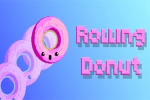 Rosa tecknad munk med ansikte och texten Rolling Donut på blå bakgrund