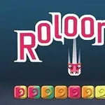 Texten Roloong i röd och vit stil ovanför en drakansikte, med en rad färgglada, kvadratiska symboler längst ner