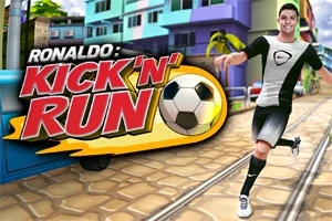 En fotbollsspelare springer längs en stadsgata bredvid texten Ronaldo: Kick N Run med en fotboll i rörelse
