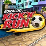 En fotbollsspelare springer längs en stadsgata bredvid texten Ronaldo: Kick N Run med en fotboll i rörelse