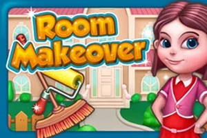 Tecknad flicka i röd klänning står framför ett hus med texten Room Makeover, en pensel och en färgrulle