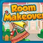 Tecknad flicka i röd klänning står framför ett hus med texten Room Makeover, en pensel och en färgrulle