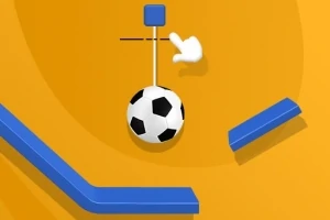 En svartvit fotboll hänger från en vit stång mot en orange bakgrund med blå element och en vit handpekare