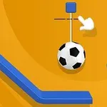 En svartvit fotboll hänger från en vit stång mot en orange bakgrund med blå element och en vit handpekare