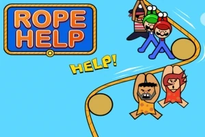Fyra animerade figurer i färgglada kläder hänger i ett rep med texten ROPE HELP och HELP!