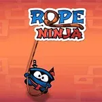 En tecknad figur klädd som en ninja hänger i ett rep mot en orange bakgrund med text ovanför