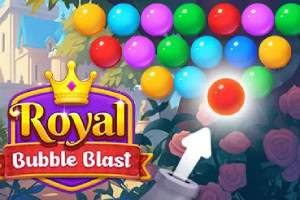 Färgglada bollar i olika rader mot en bakgrund med träd och byggnad, med titeln Royal Bubble Blast bredvid
